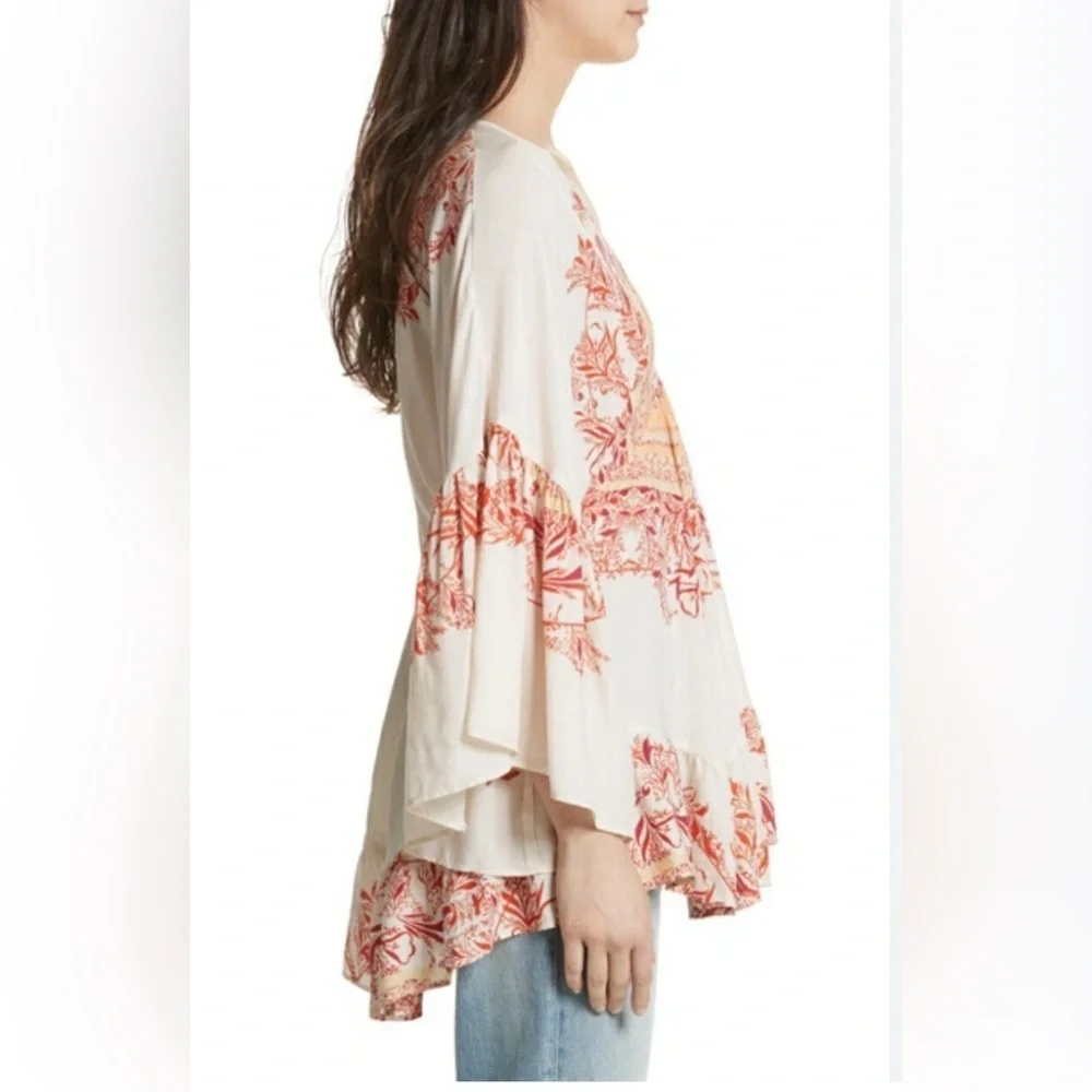 Free People Bohemian Ruffle Tunic Top Small Cream Red Festival Blouse - Picture 2 of 11
